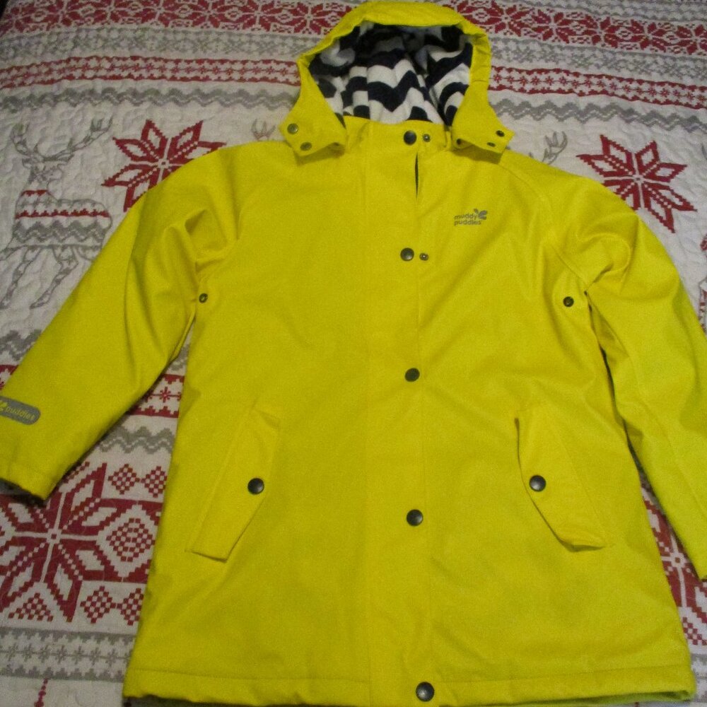 Bright Yellow Muddy Puddles  Kids Winter Rain Coat  with hood 9-10y